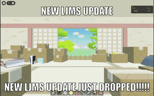 a computer screen shows a room filled with cardboard boxes and the words " new ljms update just dropped "