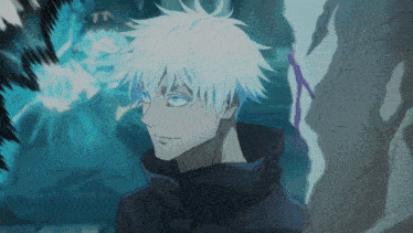 a man with white hair and blue eyes is standing in front of a wall