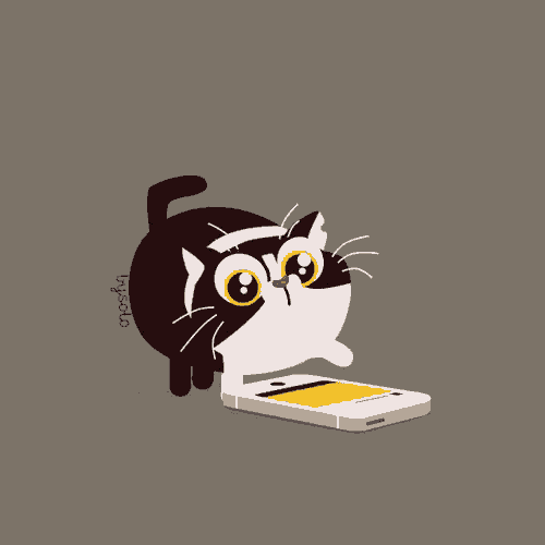 a black and white cat is looking at a cell phone with a heart shaped icon above it