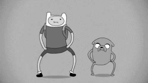 a black and white cartoon of finn and jake dancing