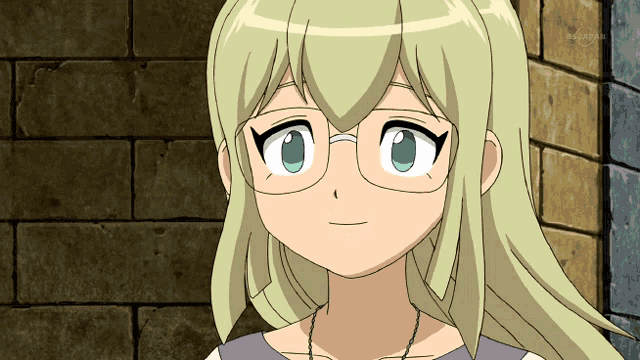 a girl with blonde hair and glasses is on a tv screen