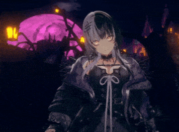 a girl in a black jacket stands in front of a purple full moon