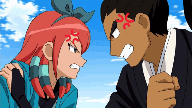 a man and a woman are facing each other and the man has an angry face