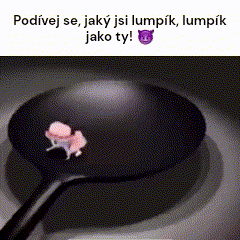a cartoon character is sitting on top of a frying pan with a devil on it .