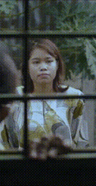 a woman is looking out of a window with a fence in the background .