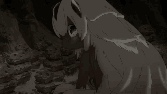 a cartoon character with white hair and red horns is looking at something