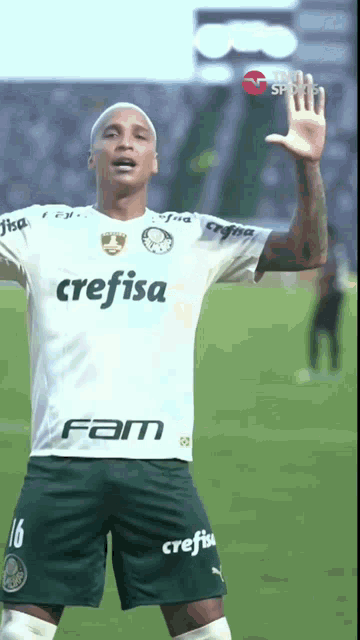 a soccer player wearing a white shirt with crefisa on it