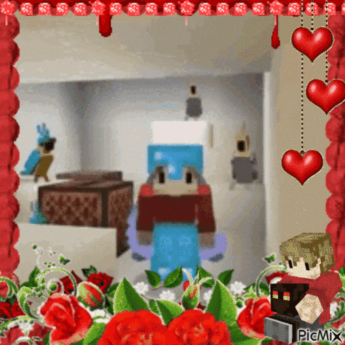 a picture of a minecraft character surrounded by flowers and hearts with the caption picmix