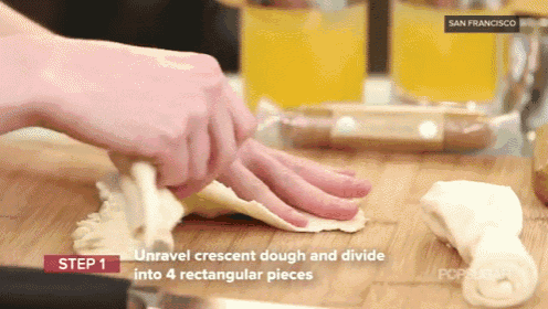 a person is cutting a piece of dough on a cutting board with step 1 written in the corner
