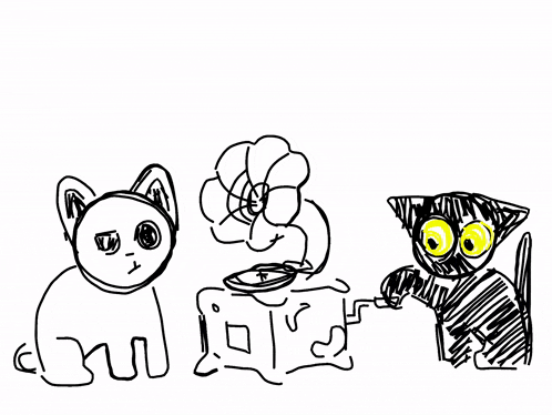 a black and white drawing of two cats playing a record player