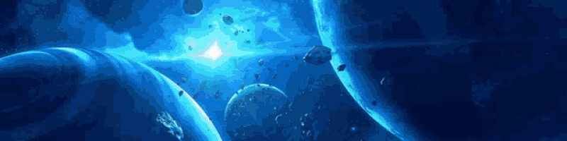a cluster of planets in a blue space with asteroids flying around them