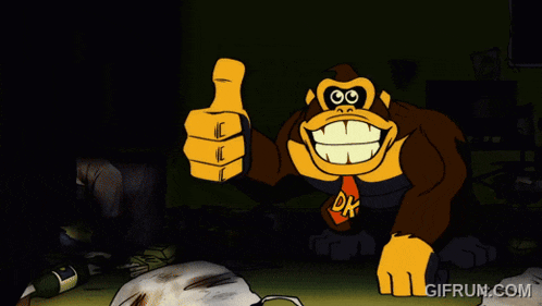 a cartoon gorilla giving a thumbs up with the website gifrun.com in the background