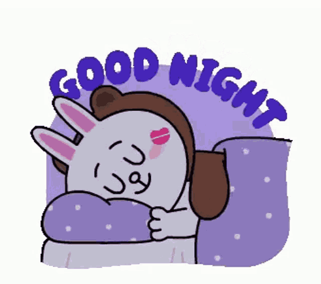 a cartoon of a rabbit sleeping on a pillow with the words `` good night '' written above it .