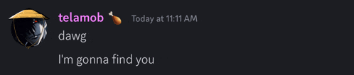 a screenshot of a conversation between telamob and dawg that says i 'm gonna find you