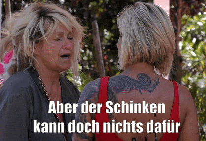 two women are standing next to each other with the words aber der schinken kann doch nichts dafür on the bottom