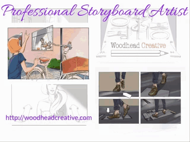 a poster for a professional storyboard artist shows a woman riding a bike