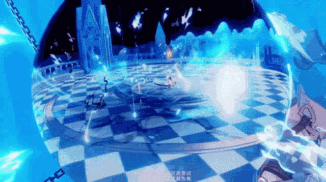 a blue and white checkered floor with chinese writing