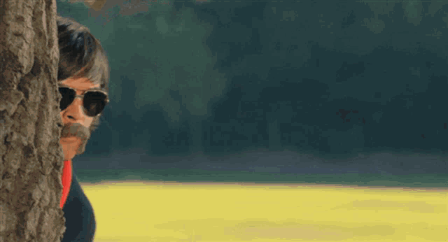 a man wearing sunglasses and a mustache looks out from behind a tree
