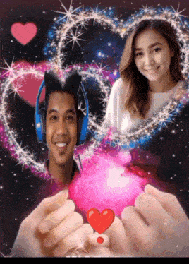 a man wearing headphones is holding a pink heart