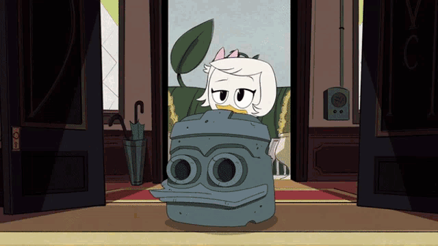 a cartoon of a duck sitting on a rock in a doorway