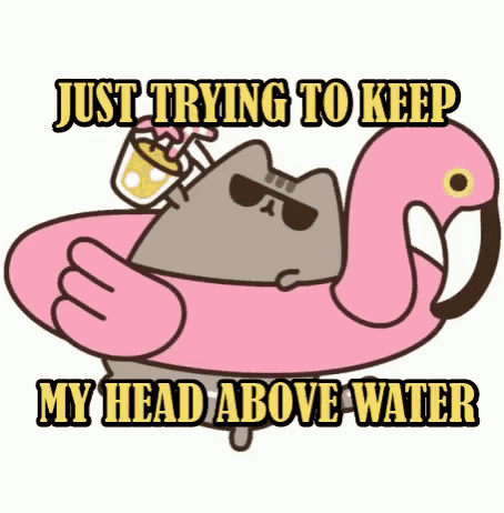 a cartoon cat is floating on a pink flamingo float