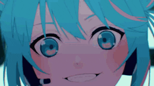 a close up of a blue haired anime character with a microphone