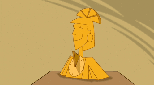 a cartoon drawing of a statue of a man with a clock in his mouth