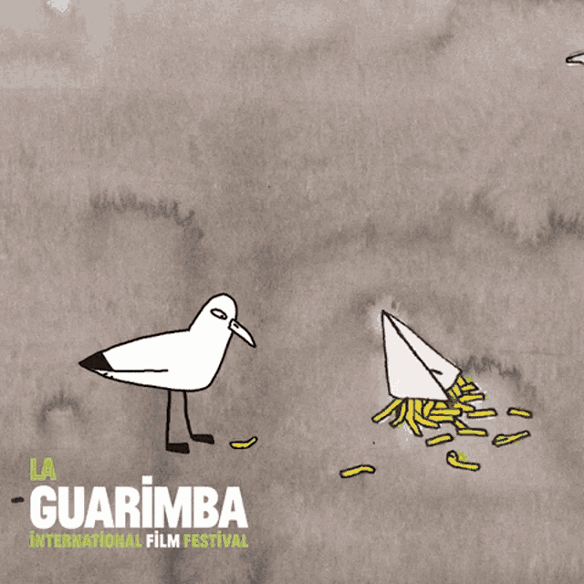 a poster for the guarimba international film festival shows a bird eating french fries