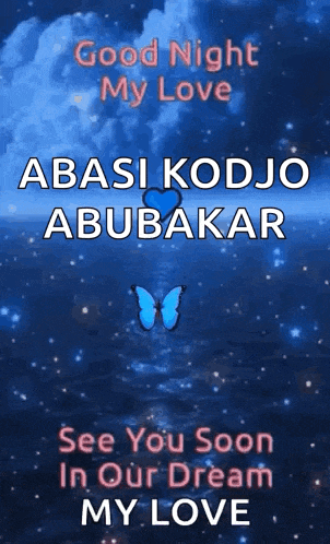 a butterfly is flying in the night sky with the words `` good night my love '' written on it .