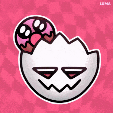 a cartoon drawing of a white egg with a donut on top of it and the word luma below it