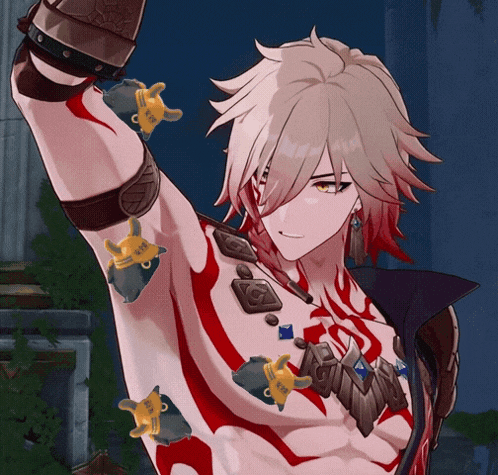 a man with red and white stripes on his torso has a necklace around his neck