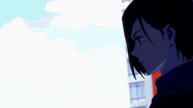 a close up of a girl 's face with a red stripe on her hair
