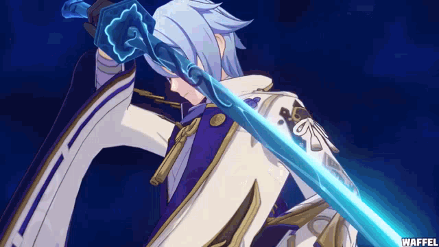 a cartoon character holding a blue sword with the word waffel on the bottom right