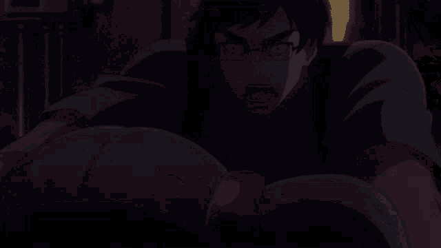 a girl with blue hair has a bloody nose in a dark room