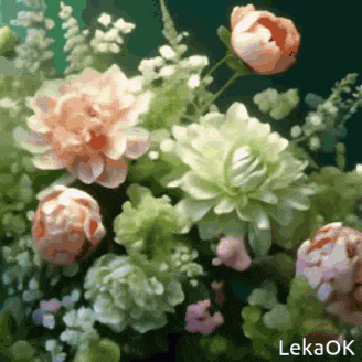 a bouquet of pink and green flowers with lekaok written on the bottom right