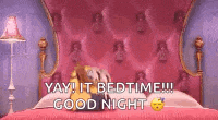 a cartoon character is laying on a bed with the words `` yay ! it bedtime ! good night '' .
