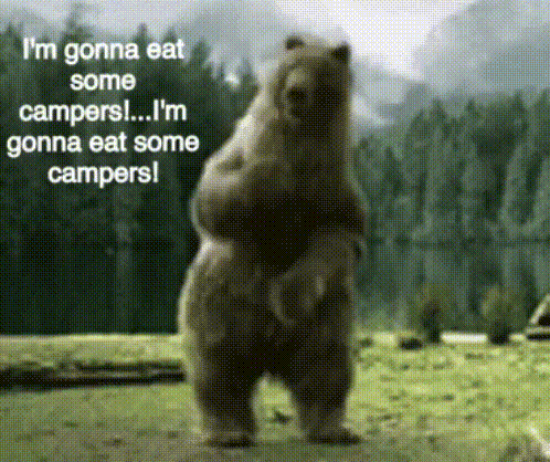 a bear standing on its hind legs in a field with the words i 'm gonna eat some campers