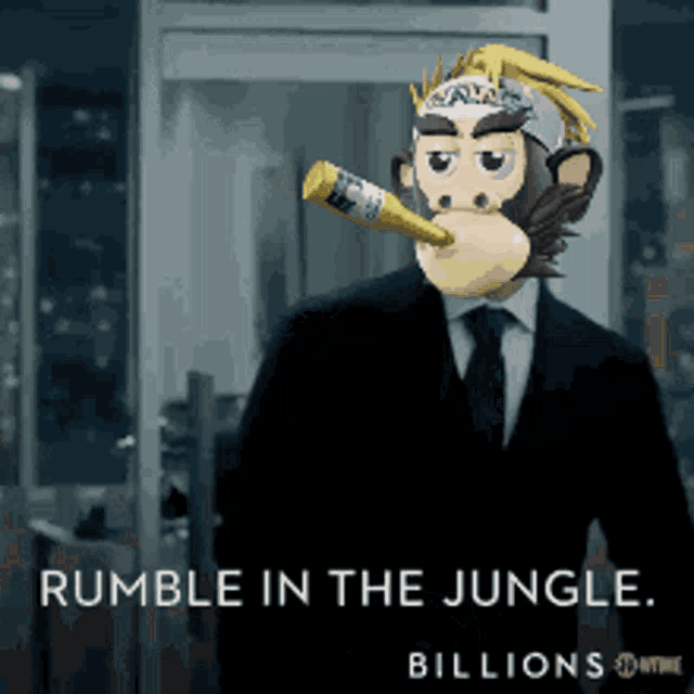 a man wearing a monkey mask is holding a bottle in his mouth