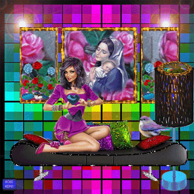 a woman in a purple dress is sitting on a couch with a picture of a woman holding a baby behind her