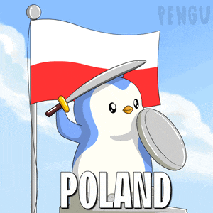 a penguin is holding a sword and shield in front of a flag that says poland on it