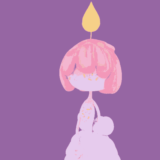 a cartoon character with pink hair and a yellow candle on her head