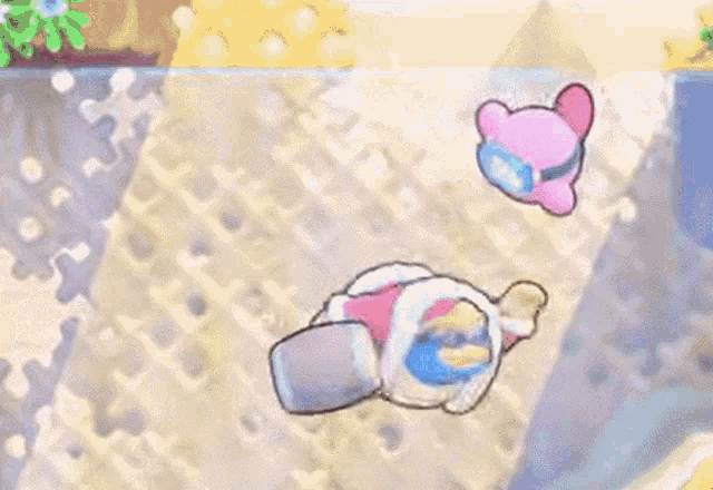 a cartoon character is floating in the air while another character is floating in the water .