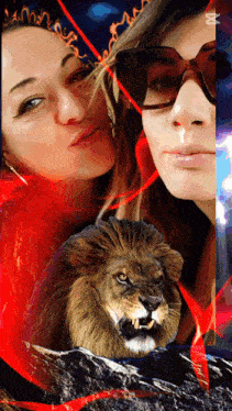 a picture of two women with a lion in the background