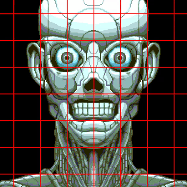 a pixel art drawing of a robot 's face with grid lines around it .