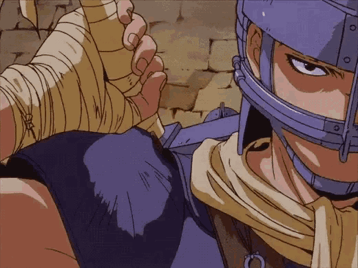 a cartoon of a man wearing a helmet holding a sword