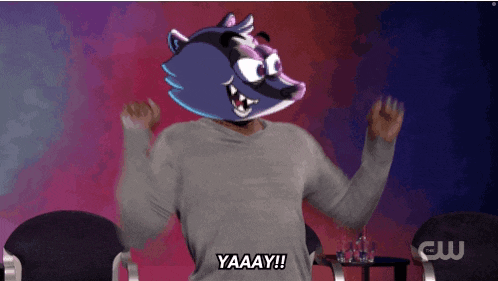 a man wearing a raccoon mask says yaaay on the screen