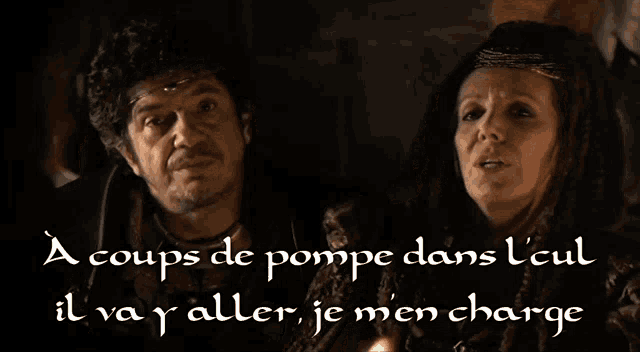 a man and a woman are standing next to each other with a caption in french