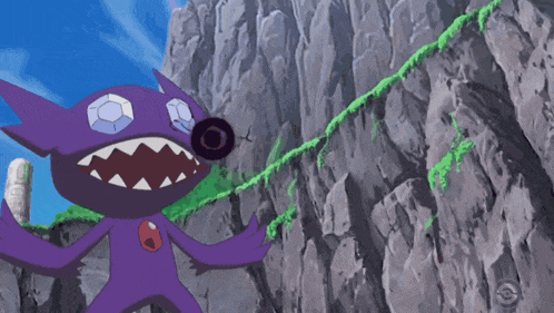 a purple monster with sharp teeth is standing in front of a cliff