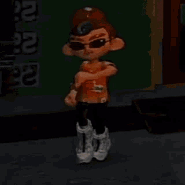a cartoon character wearing sunglasses and a hat is standing in front of a building .