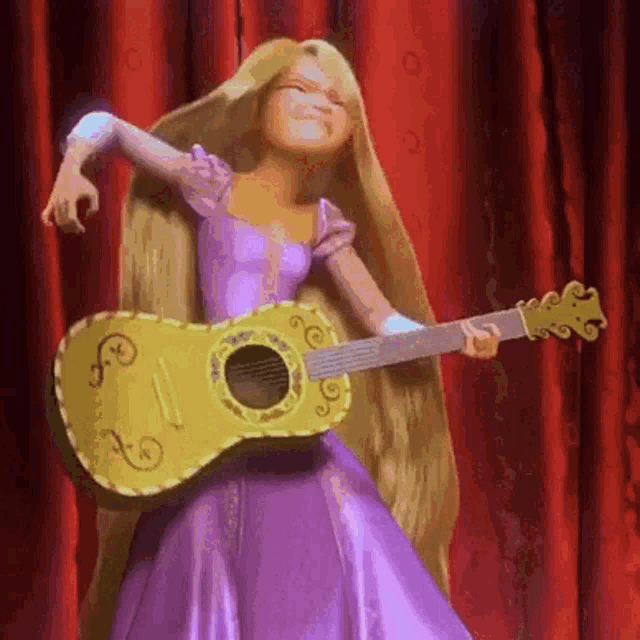 rapunzel from tangled is holding a guitar on stage
